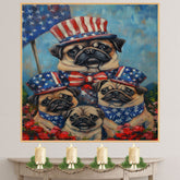 Pug Dog Family in Patriotic Outfits and Hats with American Flag Backdrop for Fourth of July Celebration on Ready to Hang 1.5" Thick Canvas Wrap, Floating Framed Canvas, Flat Rolled Canvas